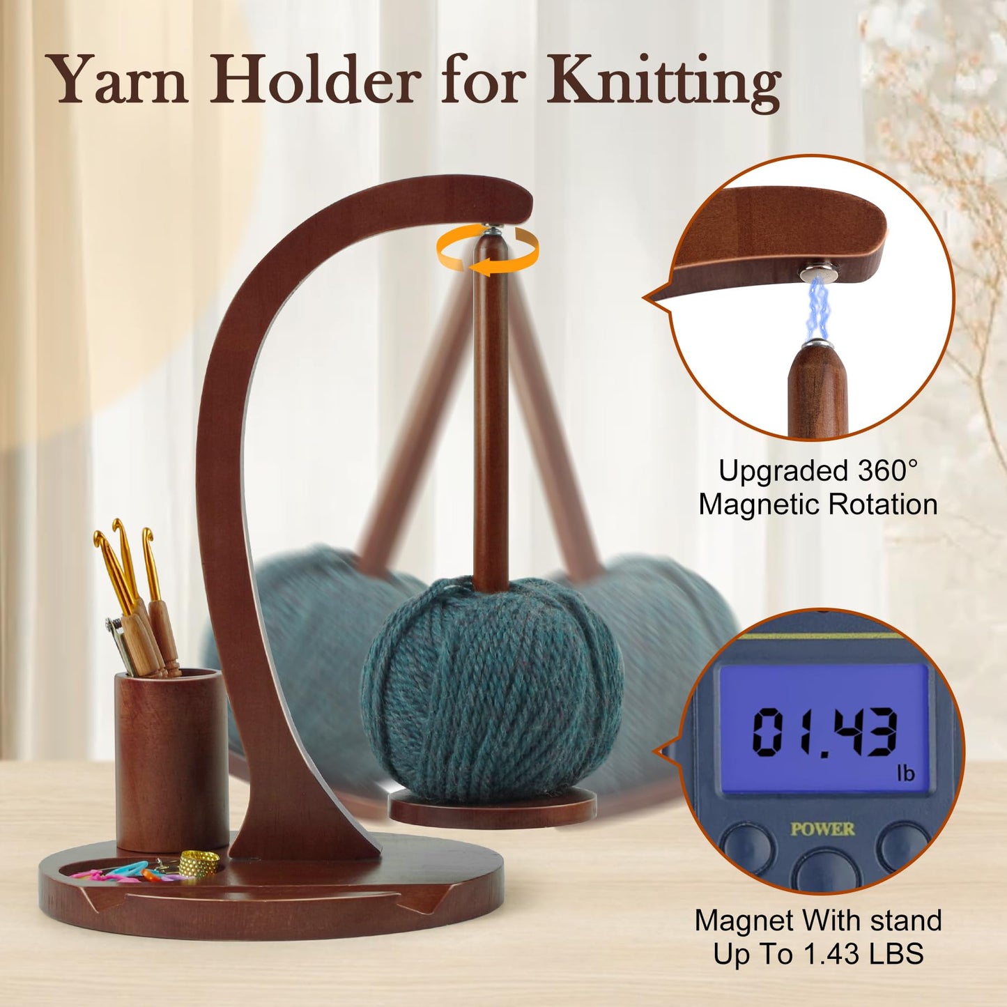 Sewovvmu Crochet Yarn Holder, Yarn Spinner for Crocheting with Phone Stand & Crochet Accessories Storage, Crochet Gift for Knitting Lovers (Brown)