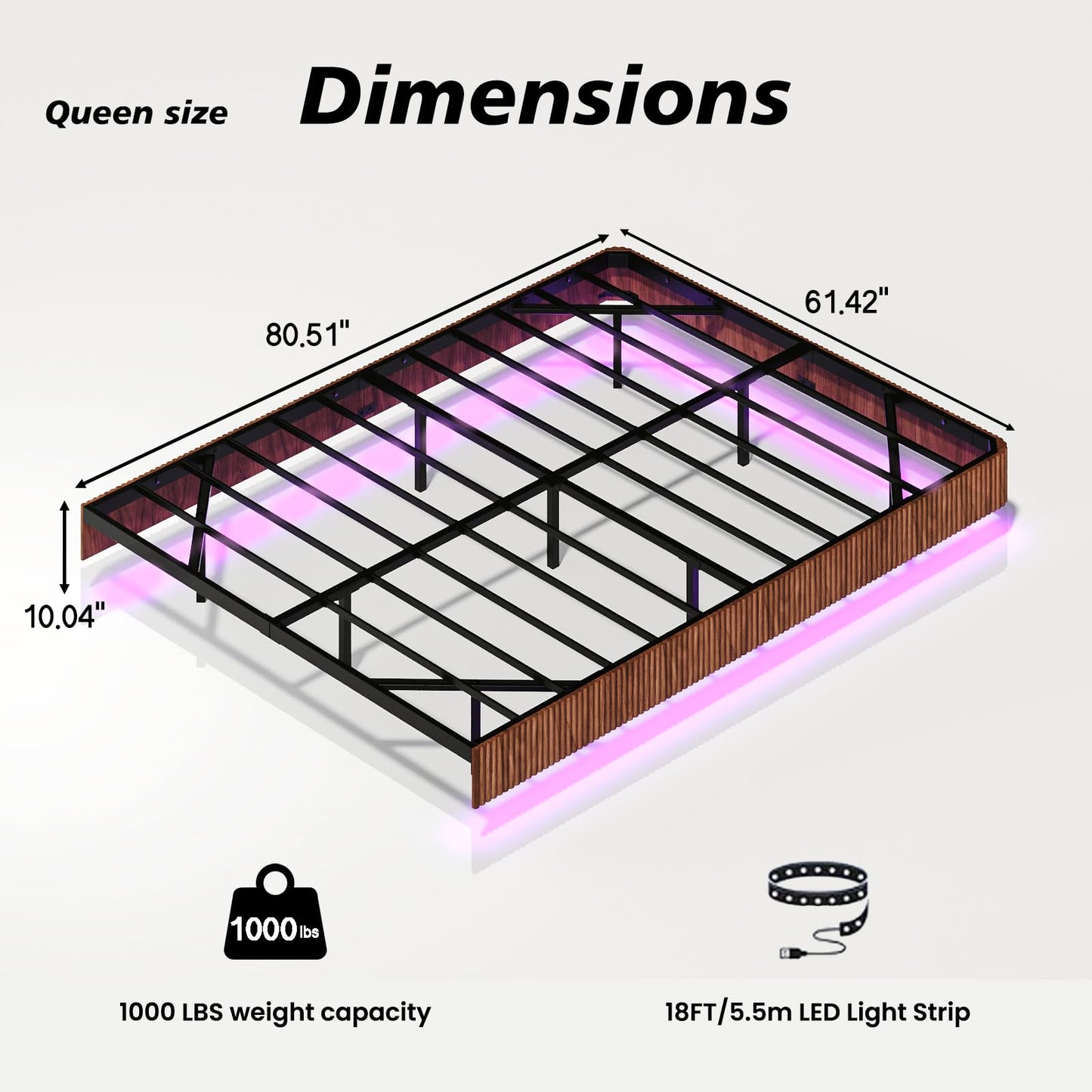 KEIKI Queen Size Floating Bed Frame with LED Lights, Wave Curve Wood Texture and Heavy Duty Metal Slats – Modern Queen Floating Bed Frame with Headboard – Walnut