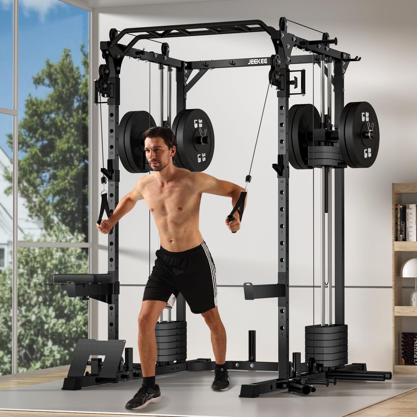 JEEKEE Power Cage with Cable Crossover System, 2200LB Heavy Duty Power Rack with Dual Pulley, 180LB Weight Stack, LAT Pulldown, 20+ Attachments for Home Gym,Black