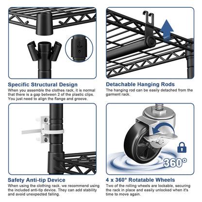 ULIFHOME P8C Max Heavy Duty Clothes Rack（With Extended Width Design） Rolling Clothing Racks for Hanging Clothes with Lockable Wheels，51.2"W x 15.8"D x 80.5"H，Load 800LBS，Black Rack with Black Cover