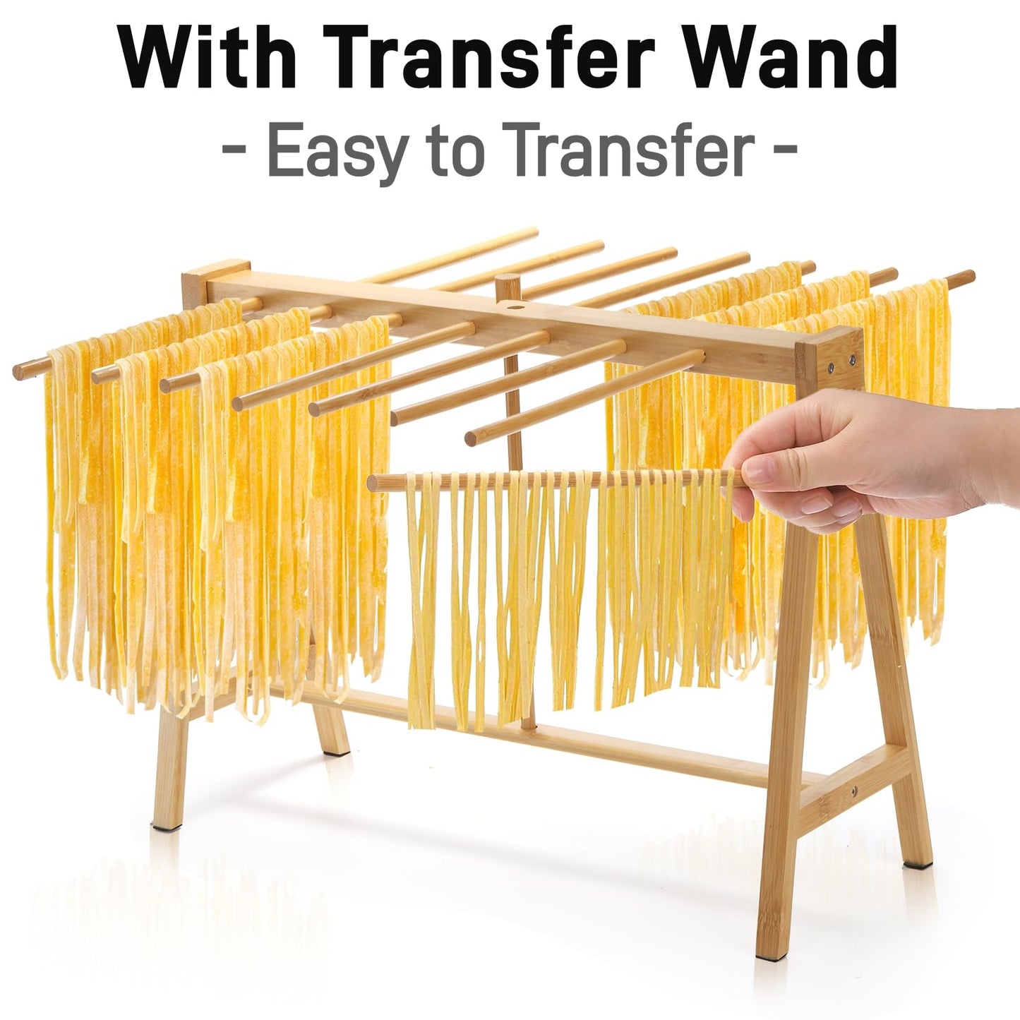 Pumtus Bamboo Pasta Drying Rack, 14-Bar Noodle Dryer Stand with Transfer Wand, Large Sturdy Spaghetti Lasagna Hanger, Stable Household Noodle Drying Rack for Pasta Linguine
