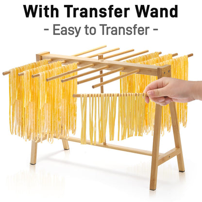 Pumtus Bamboo Pasta Drying Rack, 14-Bar Noodle Dryer Stand with Transfer Wand, Large Sturdy Spaghetti Lasagna Hanger, Stable Household Noodle Drying Rack for Pasta Linguine
