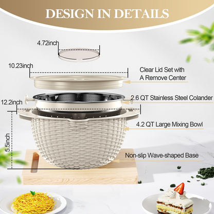 4-1 Colander with Bowl Set - Rotatable Colander for Kitchen (Patented), Upgraded Graters Food Strainers for Pasta Fruits and Vegetables, Funny Presents for Women, Aesthetic Kitchen Gadget - Beige