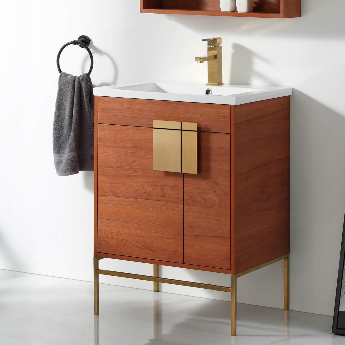 Fine Fixtures 24 Inch Bathroom Vanity with Sink, Vitreous China Walnut Sink, Satin Brass Hardware, Elegant Bathroom Vanities for Modern Homes, Easy Installation