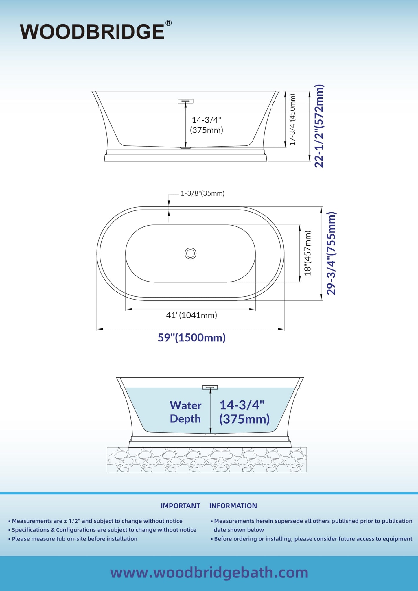 WOODBRIDGE 59 in. Freestanding Double Ended Acrylic Soaking Bathtub with Brushed Nickel Drain and Overflow, BTA1536-BN