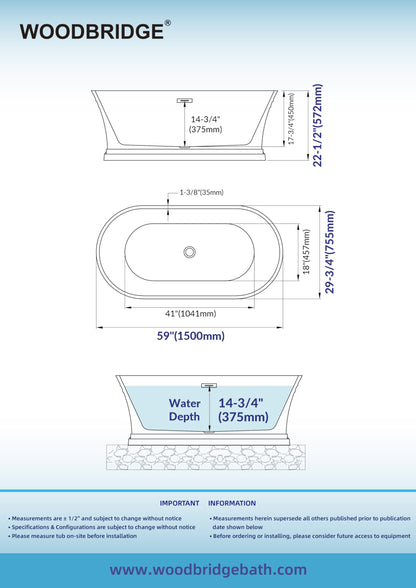WOODBRIDGE 59 in. Freestanding Double Ended Acrylic Soaking Bathtub with Brushed Nickel Drain and Overflow, BTA1536-BN