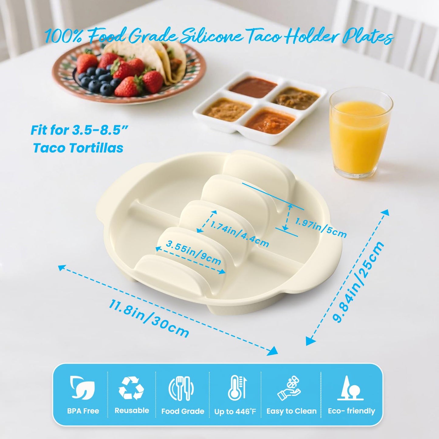 LZC LADYS GIFT Taco Holder Set of 2 Silicone, Reusable Taco Stand Rack Tray with 4 Dividers, Taco Plates for Hard/Soft Taco Shells, Taco Party Serving Plates, Dishwasher & Microwave Safe Taco Holders