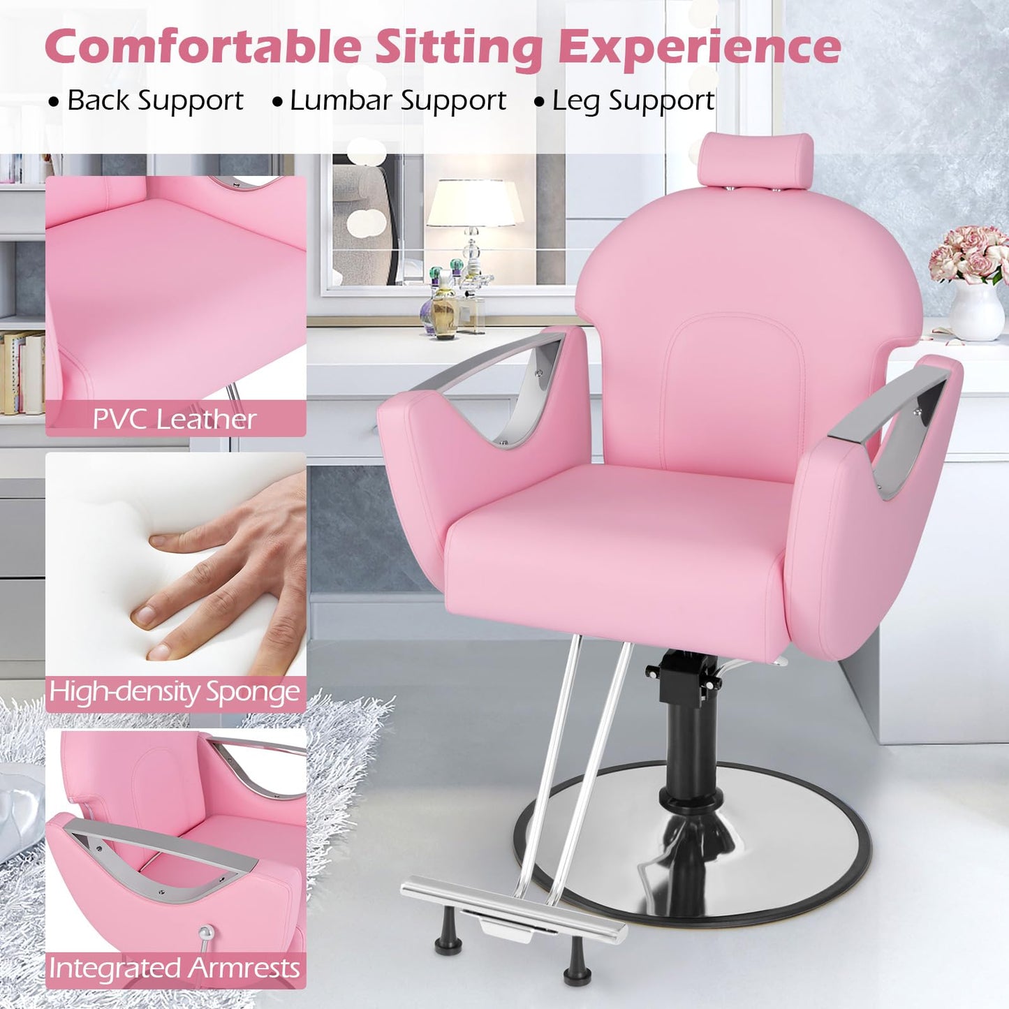 Giantex Reclining Barber Chair - Salon Chair for Hair Stylist, 360 Degrees Swivel, Adjustable Height & Headrest, Heavy Duty Hydraulic Pump, Hair Styling Chair for Makeup Facial Waxing Tattoo (Pink)