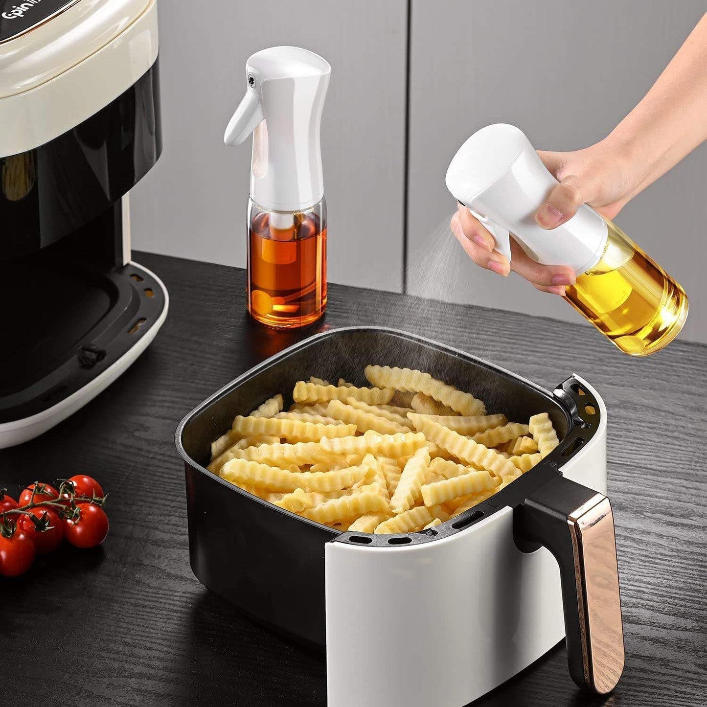 Oil Sprayer for Cooking - Olive Oil Mister Spray Bottle for Cooking - 6.7 fl.oz - Air Fryer Accessories - Refillable Glass Dispenser for Kitchen