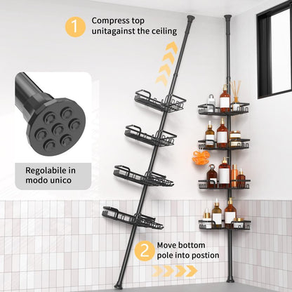 Tension Pole Shower Caddy 5x Stability, Adjustable Floor to Ceiling Shower Organizer, Standing Shower Tension Rod Shelves, 4 Tier Storage Shelves with 2 Soap Holders/Hanging or Adhesive, 25in-114in
