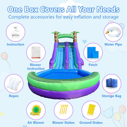 Inflatable Water Slide Backyard with Powerful Blower, Splash Pool & Spray Feature – Durable, Easy Setup, Fast Drainage, Summer Outdoor Water Park Fun for Kids & Adults (Rain Forest)