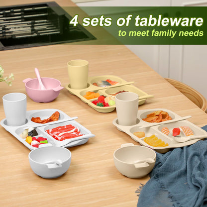 24 Pcs Wheat Straw Dinnerware Cutlery Set for Adult Including Divided Plates Microwave Dishwasher Safe Bowl Unbreakable Tableware Straw Cutlery Spoon Knife Fork(Light Color)