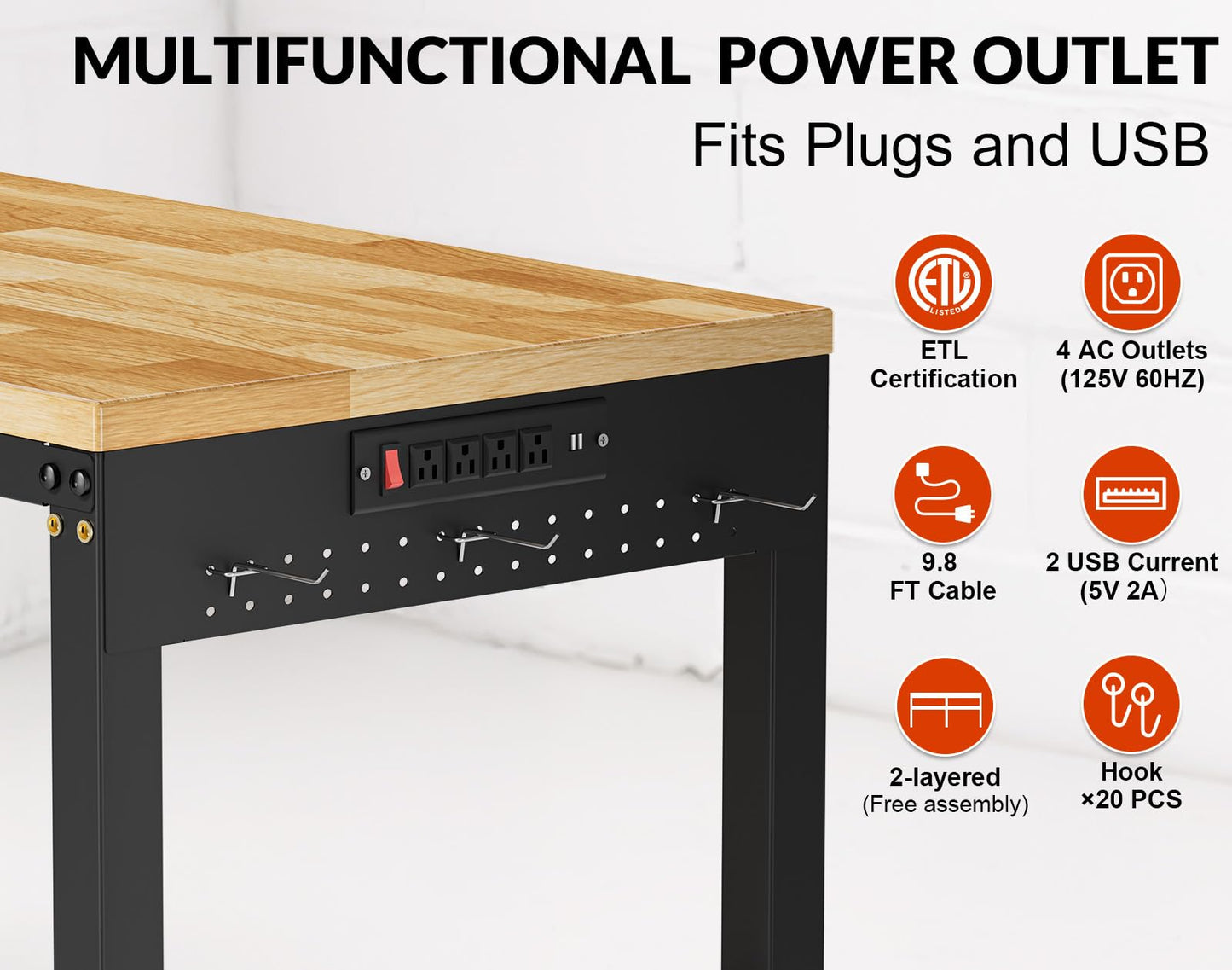 MUWOOD 84” Heavy Duty Work Bench, 2-Layer Adjustable Workbench, 5000 LBS Capacity Work Bench with Power Outlet & Pegboard, Rubber Wood Work Table for Garage, Workshop, Office, Home