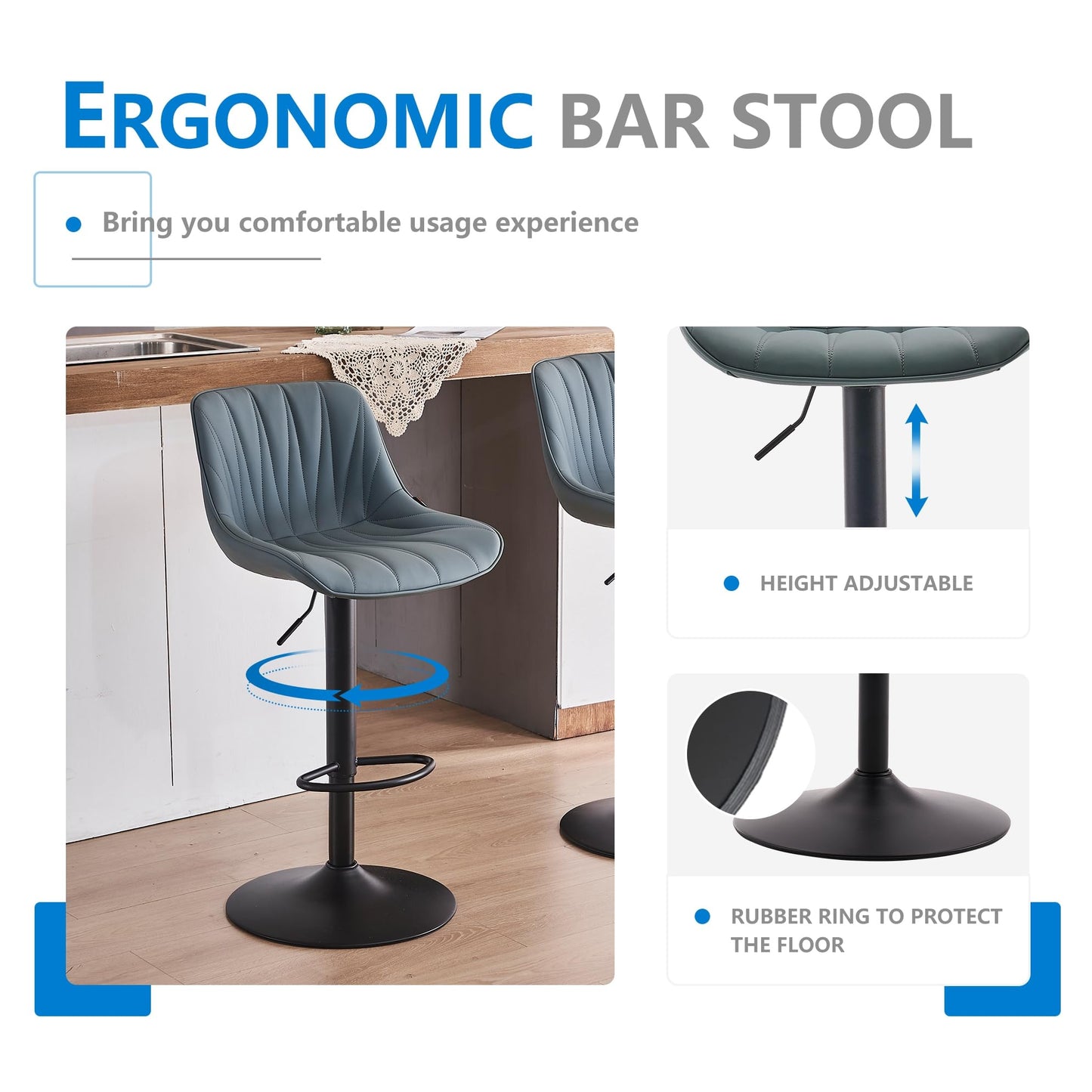 YOUNIKE Grayish Green Bar Stools Set of 2, Faux Leather Padded Counter Height Swivel Bar Chairs, Adjustable Barstools with Back for Kitchen Island, Modern Tall Sunburst-Line Series