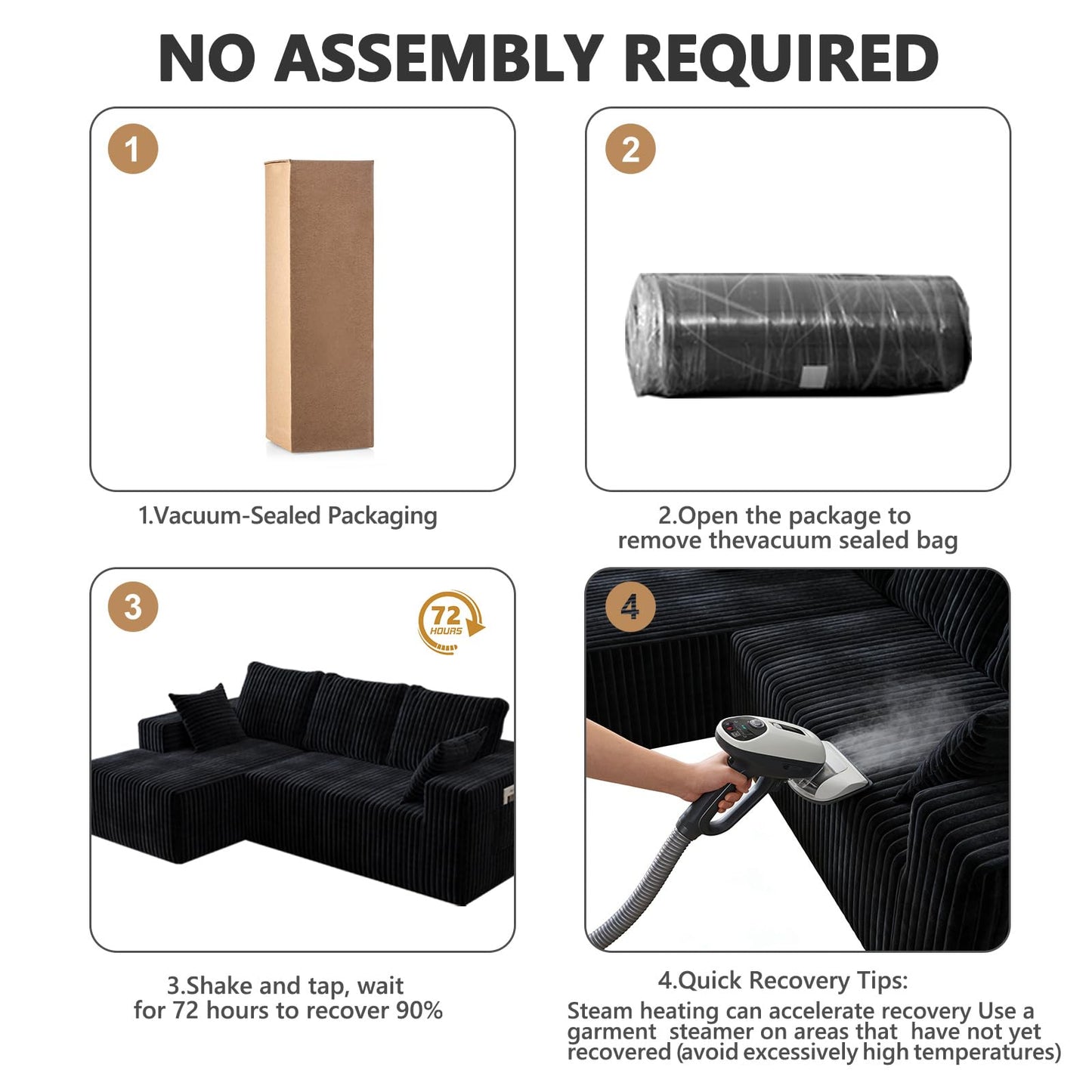 94" Sectional Couches for Living Room, Modular Sectional Sofa with L-Shape Chaise, Cloud Couch, Comfy Flannel Fluffy Couch with Pillows and Side Pockets NoAssembly (Black, Left Facing Chaise-96-inch)