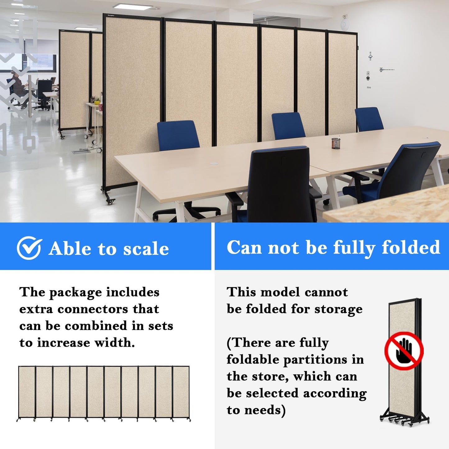 Upgrade Version Room Partition and Divider, Freestanding Rolling Dividers with Wheels,Office Privacy Screen Divider Wall,Classroom Felt Dividers,10'6"L* 6'7"H,5 Panel,Beige