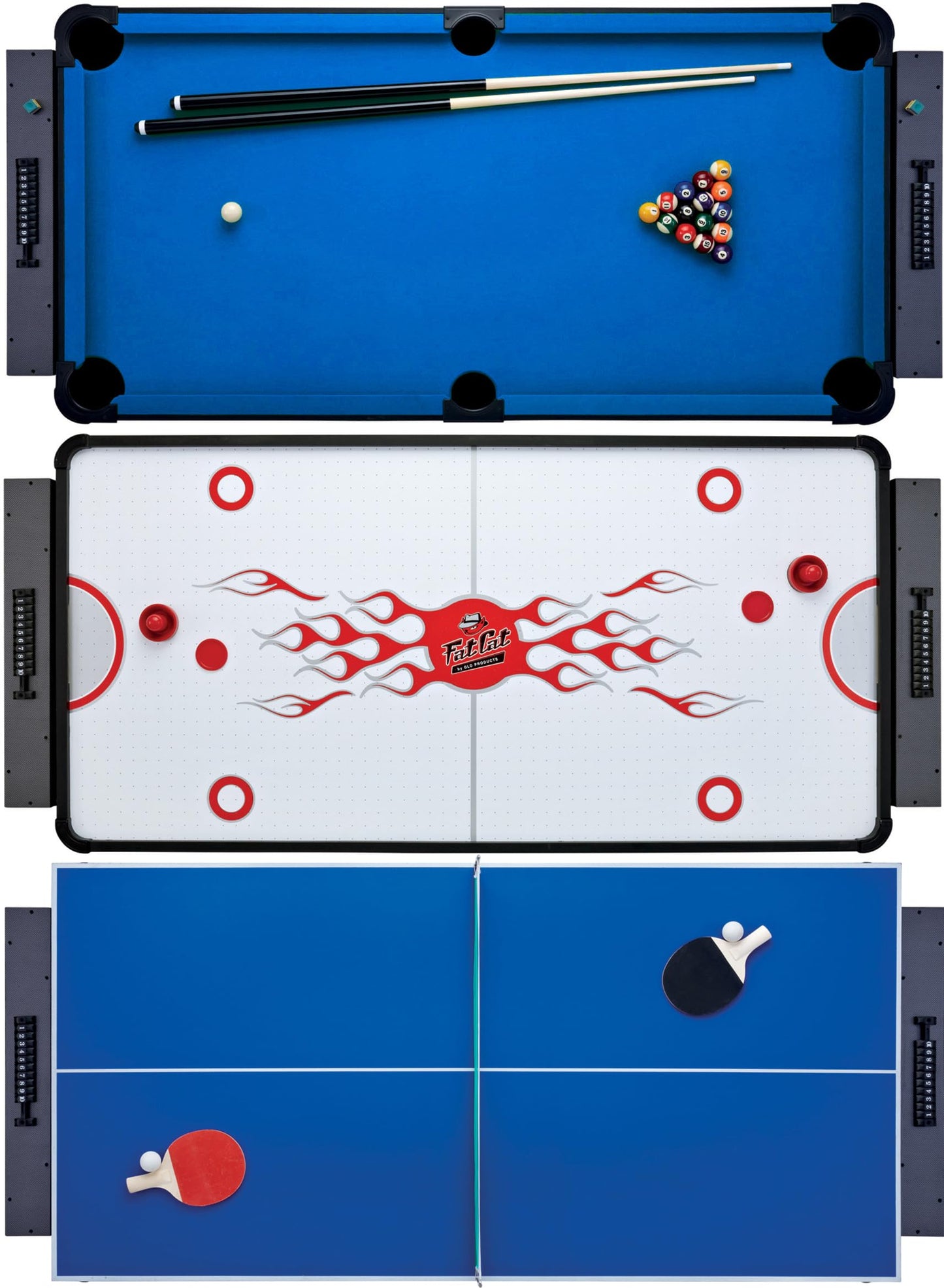Fat Cat 3-in-1 6 Foot Flip Multi Game Table, Air Hockey Table, Pool Table, and Table Tennis Combo with 110V Motor, Includes Accessories