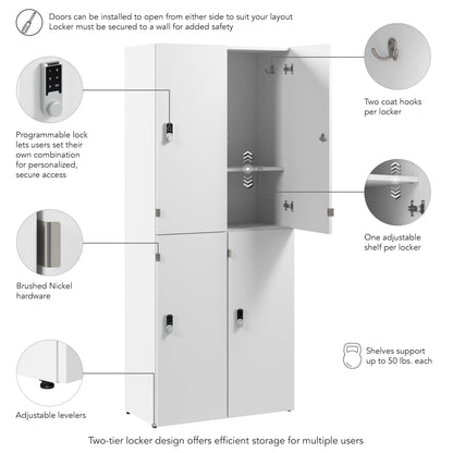Bush Business Furniture Two Tier 4 Door Storage Lockers with Keypad Locks, Office Furniture, Assure Collection, White