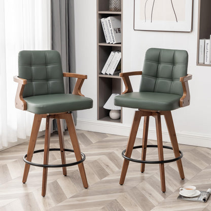 MEKLIBA 30” Bar Height Bar Stools,Leather Upholstered Bar Chair, Swivel Bar Stools with Back and Arms，Modern Barstool Set of 2 for Kitchen Island (Green)