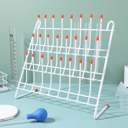 TEHAUX Lab Drying Rack, Space-Saving Lab Beaker and Tube Drying Holder with Non-Slip Red Top, Sturdy Iron Frame, 24 Pegs Vertical Drying Rack for Laboratory Glassware and Bottles (White)