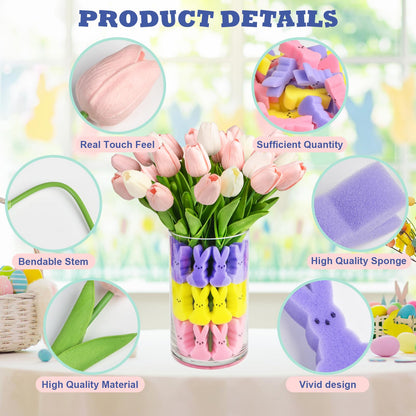 letesult Easter Bunny Vase Filler Decorations, 16 PCS Tulips Artificial Flowers & 45 PCS Bunnies Vase Filler Kit, Easter Spring Rabbit Flowers Vase Filler for Table Centerpiece Spring Home Decoration