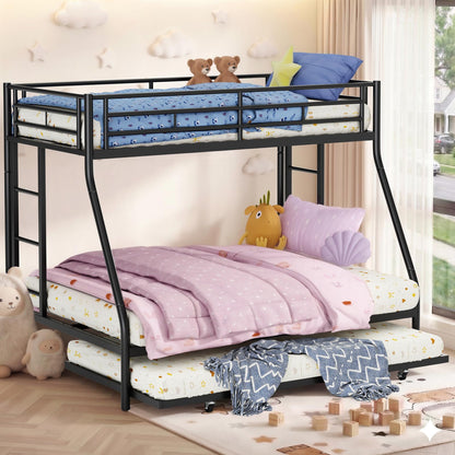 Nuturelly Metal Bunk Bed Twin Over Full with Trundle, Heavy Duty Steel Frame Bunk Bed Frame with Safety Guardrails & Ladder, Space Saving 3 Beds for Kids, Teens, Dorm, Black