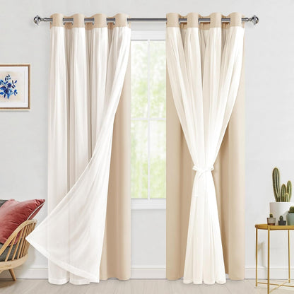 2 52W 84L Hiasan Blackout Curtains with Sheer Overlay, Thermal Insulated Mix & Match Double Layer Room Darkening