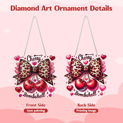 GHHKUD Cherry Bow Diamond Art Hanging Kit for Adults, DIY Double Sided Diamond Painting Hanging Valentines Kits Adults, Special Shaped Acrylic Ornaments Pendants for Window Home Garden Wall