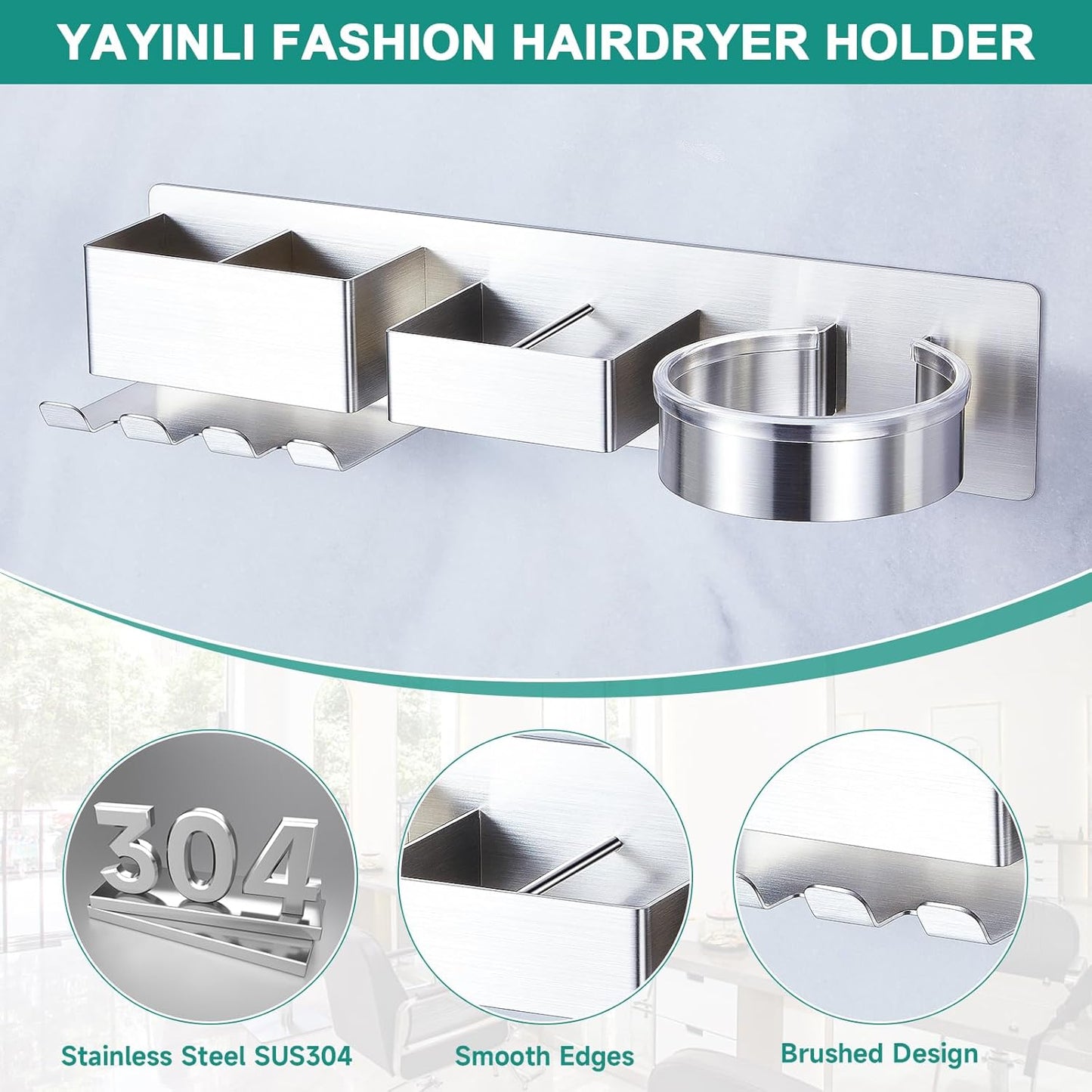 Wall Mounted Hair Dryer Holder, Hair Tool Organizer for Bathroom, Adhesive Stainless Steel Hair Dryer Hanger
