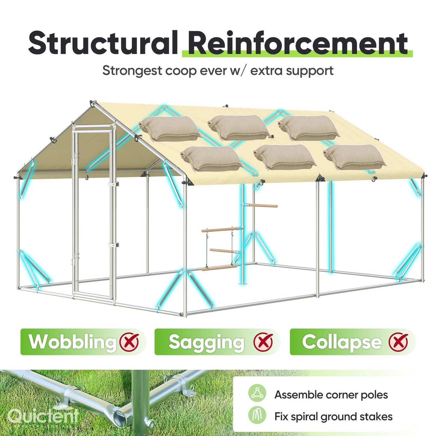Quictent 12x9x6.6ft Metal Chicken Coop Run with Perch & Swing, Elite Series Large Walk-in Outdoor Poultry Cage Heavy Duty Predator Proof Hen Duck Rabbit Farm Pen House, Waterproof Anti-UV Cover