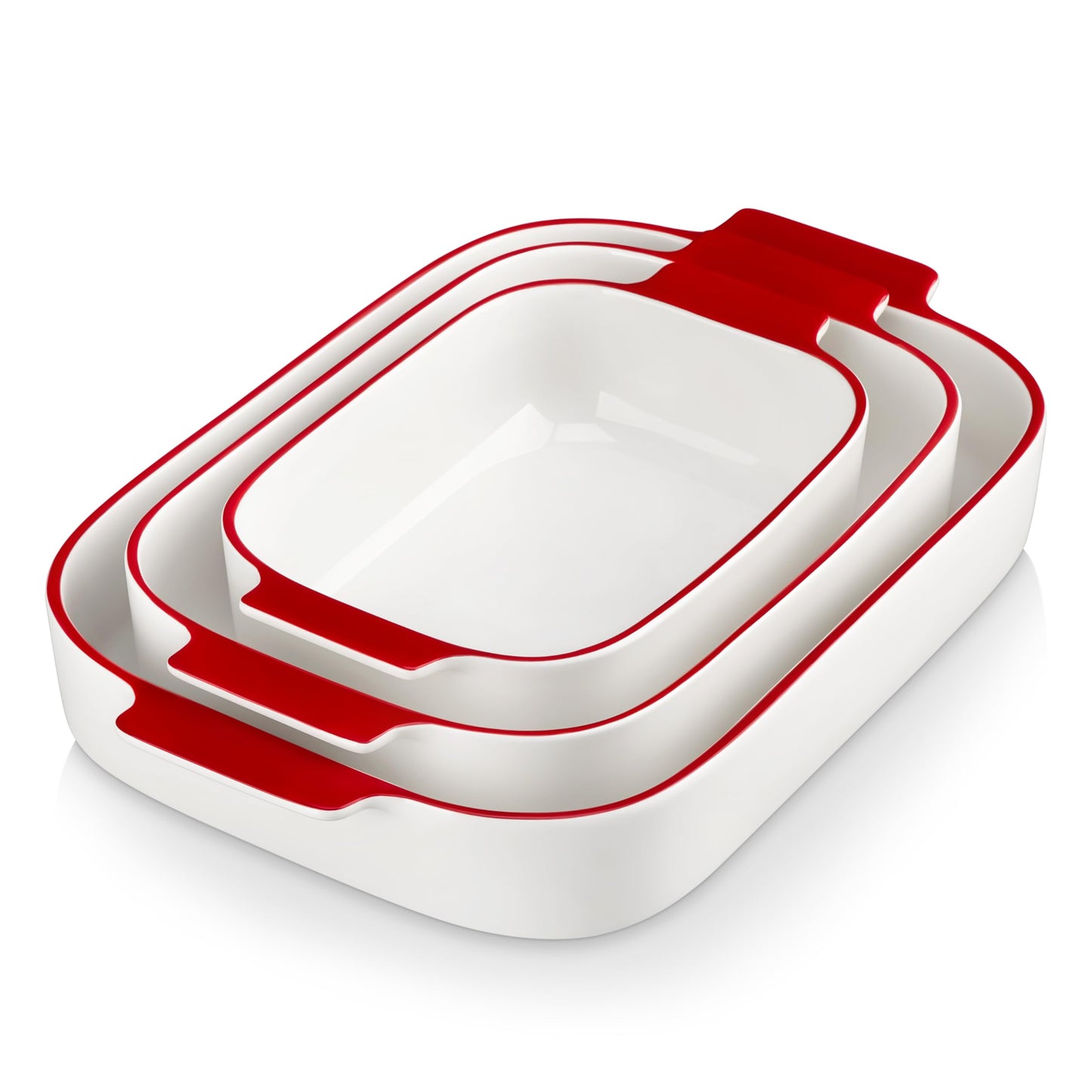 MALACASA Casserole Dishes for Oven, Ceramic Baking Dishes Set of 3, Rectangular Lasagna Pan Deep Baking Pans, Bakeware Sets with Handles Gift Set, White with Red Trim (13.8''/11.7''/9.4''), Series BAKE
