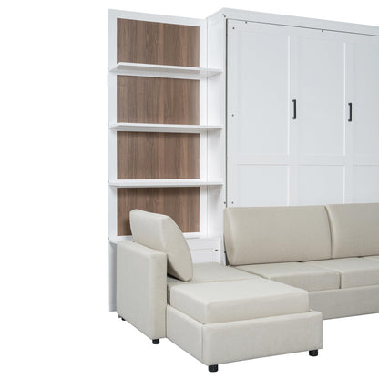 Ball & Cast Murphy Bed Queen Size Wall Chest with Sofa and Shelves,Wood Hideaway Cabinet Platform Bedframe w/Slat Support,can be Folded,Space-Saving,for Small Room,Dorms,White