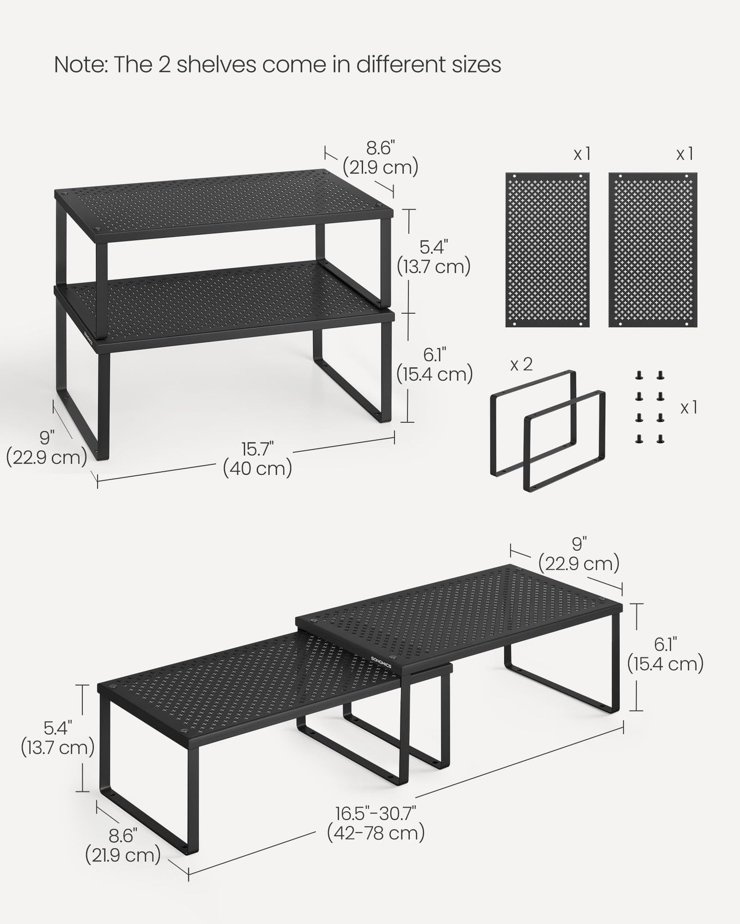 SONGMICS Spice Racks, Set of 2 Metal Cabinet Shelf Organizers, Countertop Organizers, Shelf Risers, Stackable, Expandable, Silver UKCS01SV