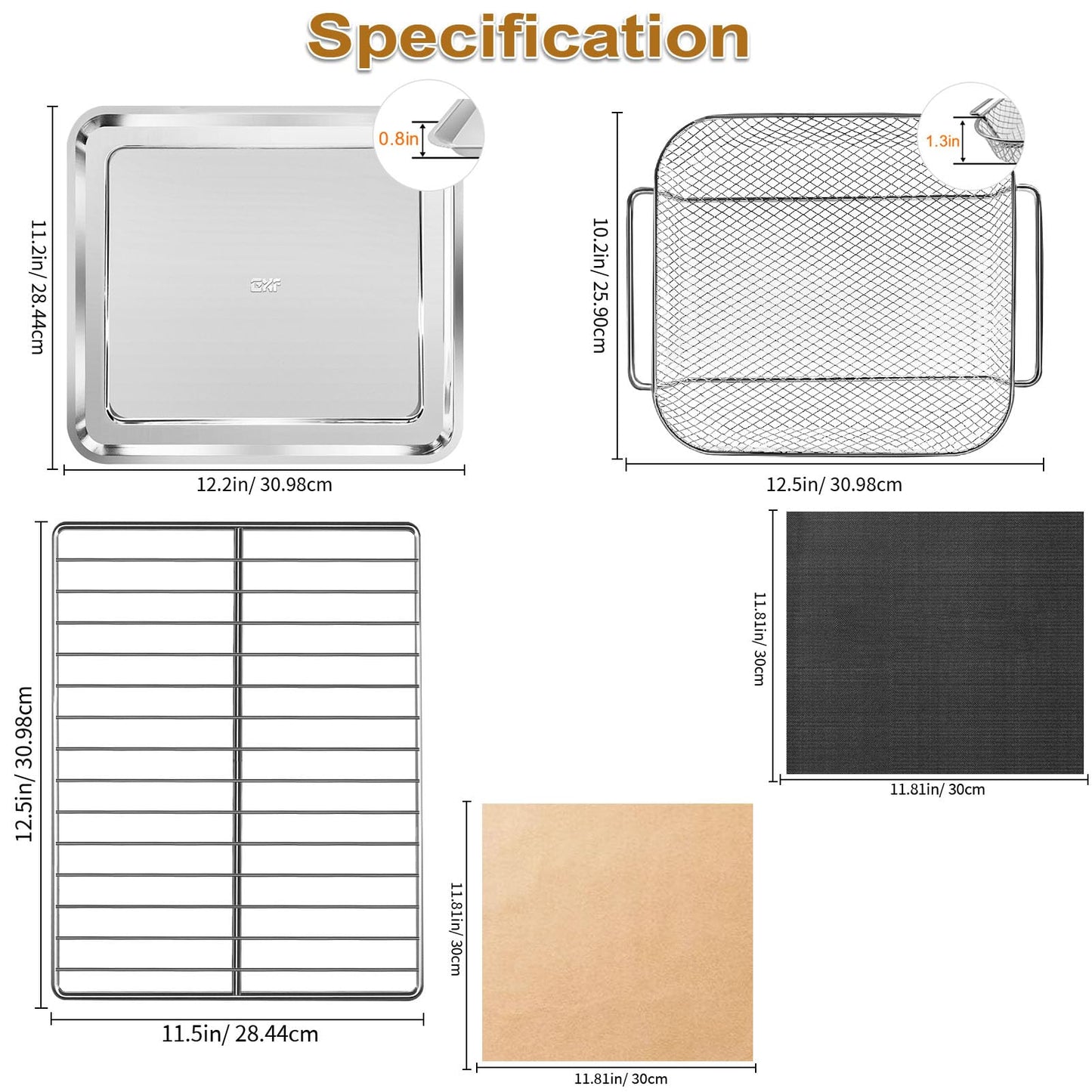5-Piece Air Fryer Accessories Set for Emeril Lagasse 26QT, Includes Baking Pan, Air Fryer Basket, Rack, 2 Non-Stick Mats & 100 Parchment Papers, Stainless Steel Bakeware Set