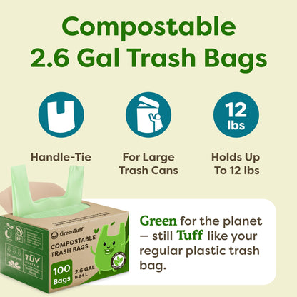2.6 Gallon Compostable Trash Bags (100 Count) — Thick 0.7 Mil Small Compost Bin Liners — Leak-Resistant Plant-Based Food Scrap Bags for Countertop Kitchen Compost Pails — ASTM D6400 BPI Certified