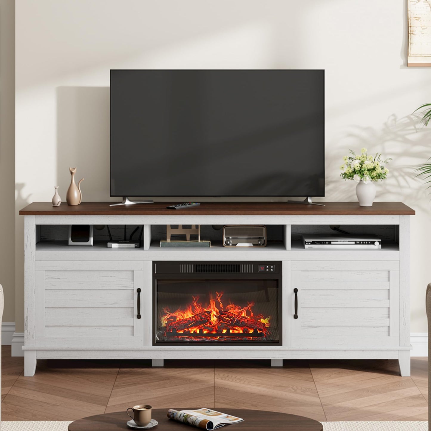 GarveeHome TV Stand with Electric Fireplace, Fireplace Entertainment Center, Farmhouse TV Stand with Cabinet Doors,for Living Room, Bedroom