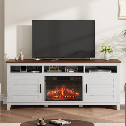 GarveeHome TV Stand with Electric Fireplace, Fireplace Entertainment Center, Farmhouse TV Stand with Cabinet Doors,for Living Room, Bedroom