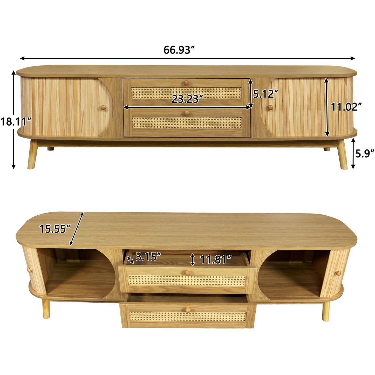 Merax Rattan TV Stand for TVs up to 75", Modern Farmhouse Media Console with Multi-Functional Storage, Boho Entertainment Center with Solid Wood Legs, Television Cabinet for Living Room, Natural+Wood
