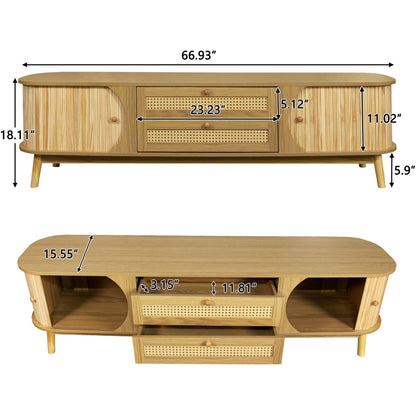 Merax Rattan TV Stand for TVs up to 75", Modern Farmhouse Media Console with Multi-Functional Storage, Boho Entertainment Center with Solid Wood Legs, Television Cabinet for Living Room, Natural+Wood