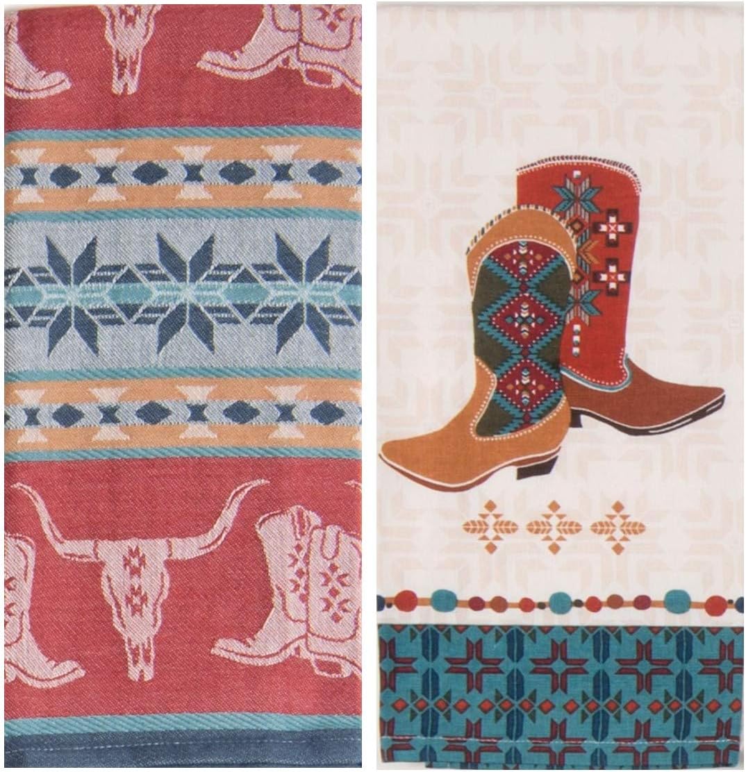 Kay Dee Southwest at Heart Jacquard Tea Towel & Boots Tea Towel, Set of 2 Southwestern Native Print Kitchen Towels