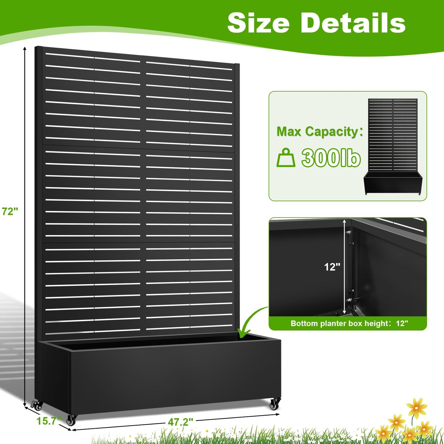 Meyoppm 72"x47"x16" Metal Planter Box with Trellis, Galvanized Steel Raised Garden Bed with Lockable Casters & Drainage Holes, Outdoor Large Planter Box for Climbing Plants, Vegetables & Flowers