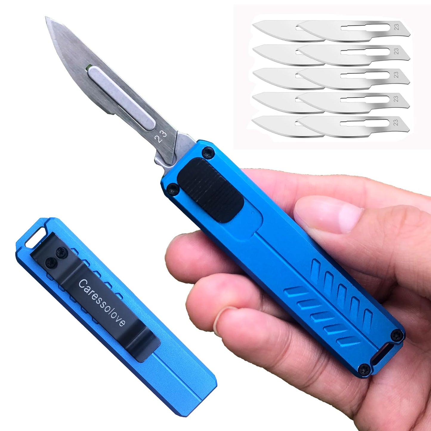 Caressolove Automatic Utility Knife, Safety Black Box Cutter Retractable, EDC Push Button Knife, Exacto Scalpel Knife, 10PCS #23 Razor Blades Pocket Knife with Clip (Blue)