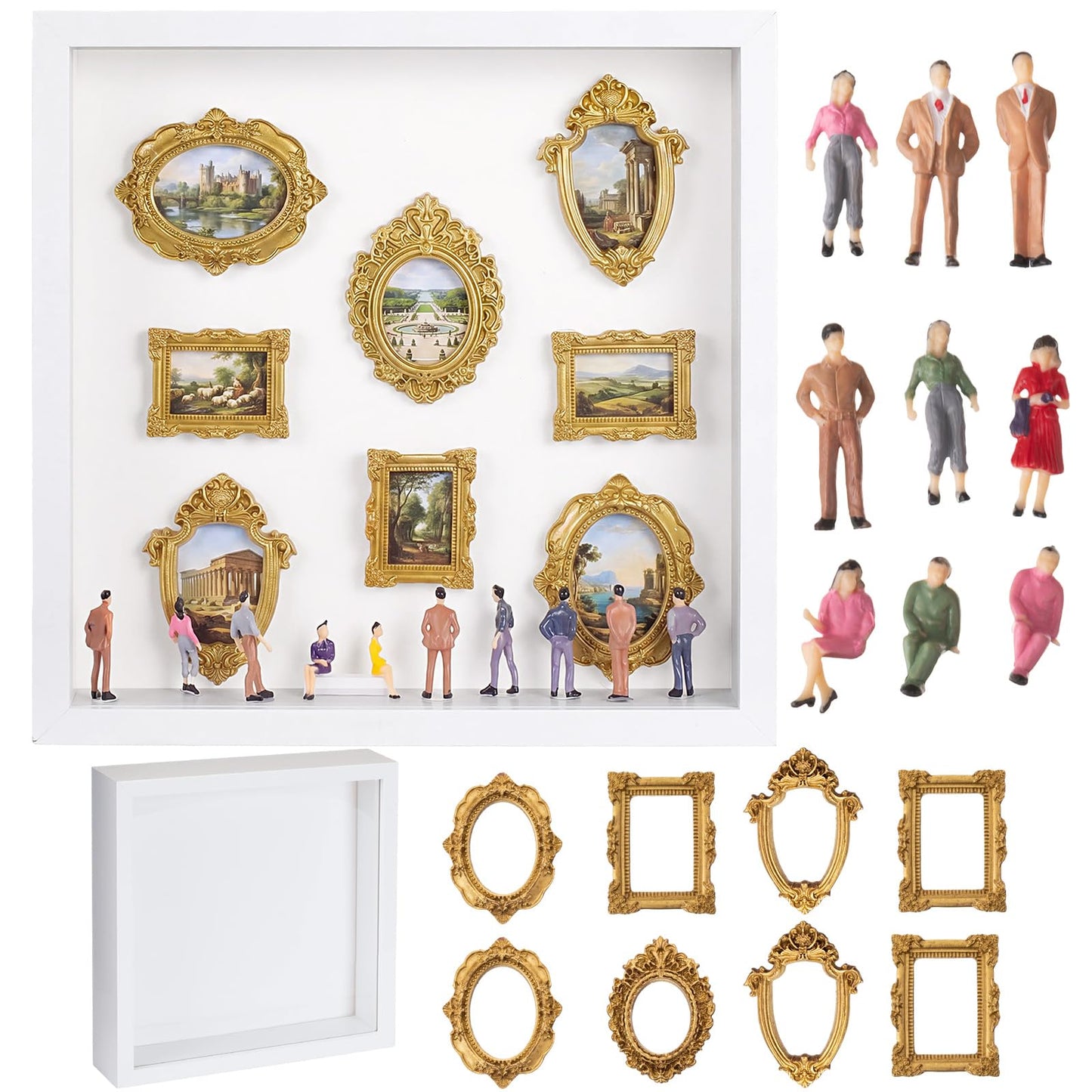 Lineshading DIY Mini Silhouette Shadow Box Museum Frame Kit with 8 Gold Mini Frames and 9 Figurines, Personalized Memory Collage for Anniversary Wedding Birthday Home Decor(White)