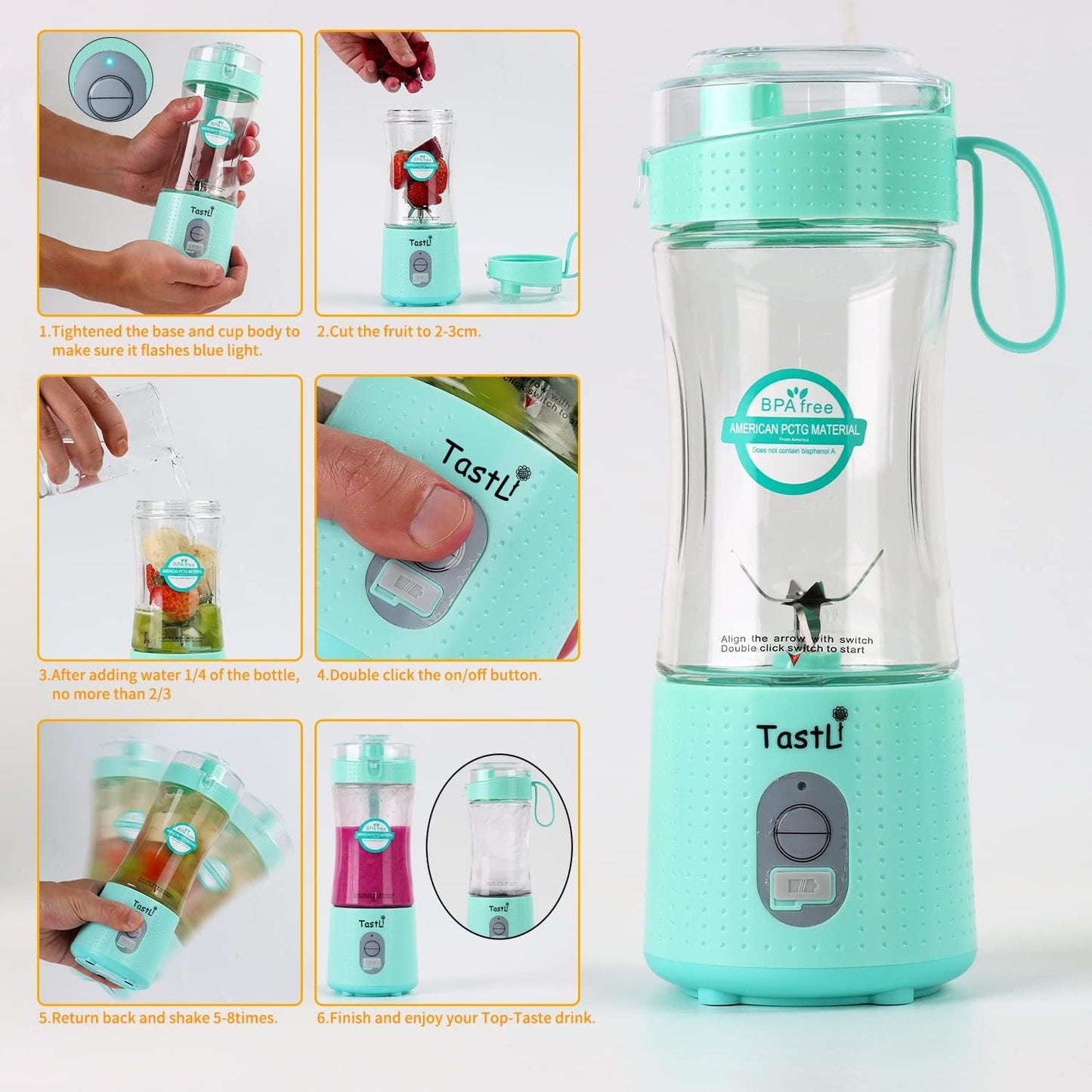 Portable Blender, Mini Blender for Smoothies, Juice and Shakes, USB Rechargeable, Cordless (Sky Blue)