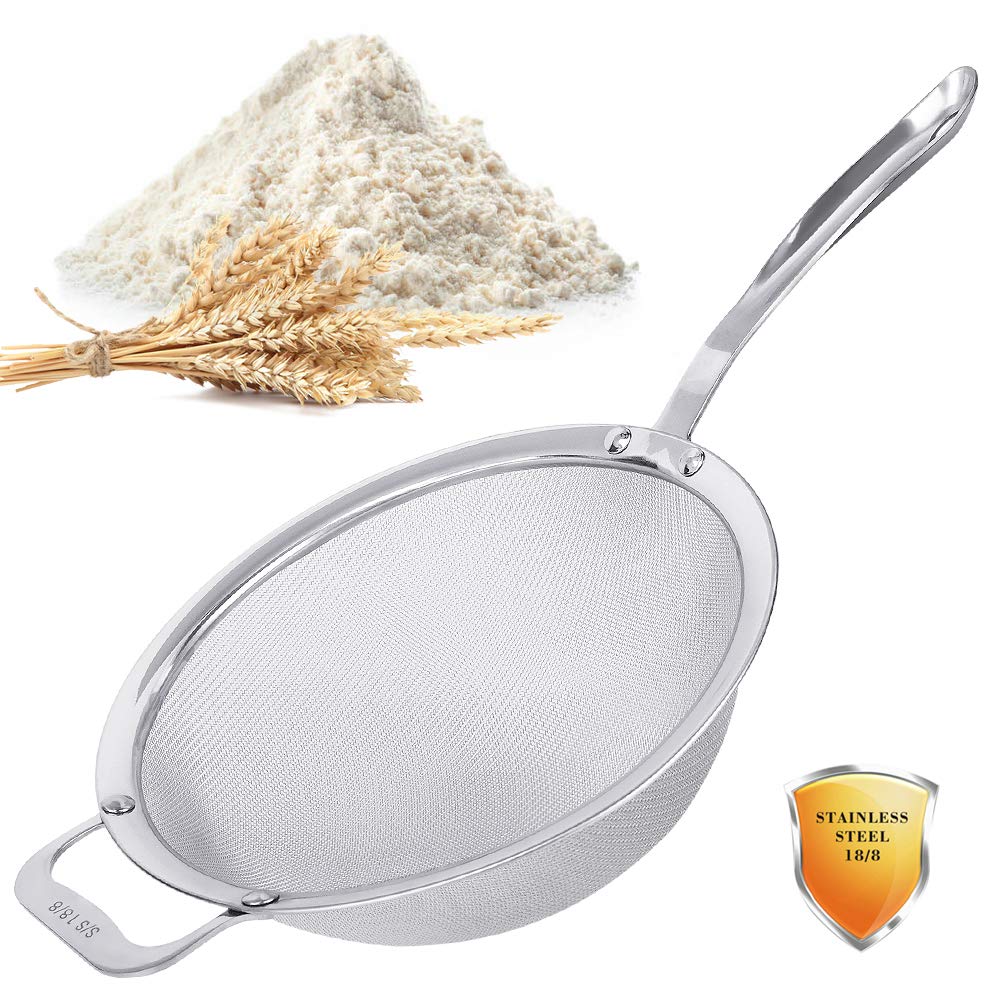 9" Large Mesh Strainer, Stainless Steel 18/8 Extra Fine Quinoa Sieve, with Solid Sturdy Handle, Flour Filter with Wider Hook