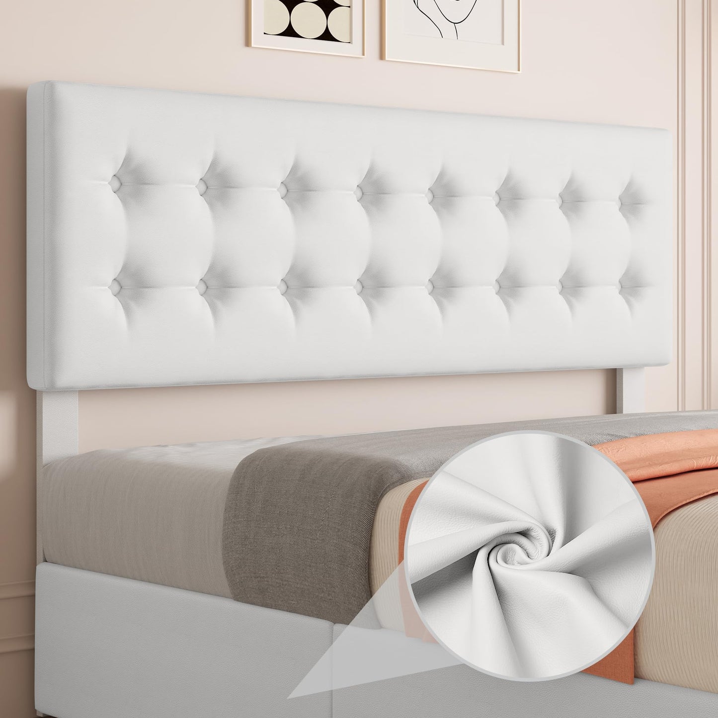 GarveeHome King Size Bed Frame with 4 Storage Drawers and Faux Leather Upholstered Headboard, Wooden Slats Support, Button Tufted Design, No Box Spring Needed, White