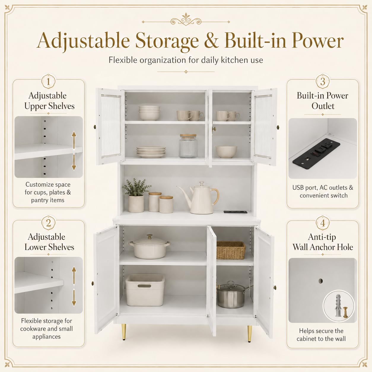 AUN Metal Pantry Cabinet with Charging Station - 68" Multi-Scene Storage Cabinet for Kitchen, Coffee Bar, Dining Room | Adjustable Shelves & Soft-Close Doors,White