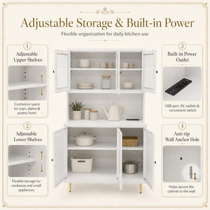 AUN Metal Pantry Cabinet with Charging Station - 68" Multi-Scene Storage Cabinet for Kitchen, Coffee Bar, Dining Room | Adjustable Shelves & Soft-Close Doors,White