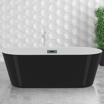 59 Inch Freestanding Bathtub, Acrylic, Deep Soaking Tub with Non-Slip Base, Modern Black Free Standing Tub for Bathrooms, cUPC Certified with Chrome Drain