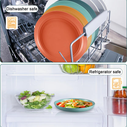 HEYCOME 12 Pcs Unbreakable Deep Dinner Plates Set, 10 inch Reusable Plastic Wheat Straw Plates, Microwave and Dishwasher Safe Plate for Kitchen, Lightweight Plate for Dessert, BPA Free, 6 Colors